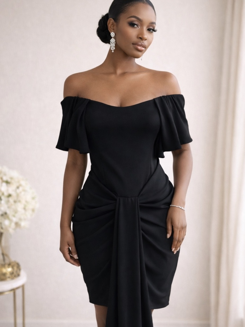 Elegant Off-Shoulder Black Midi Dress with Draped Front